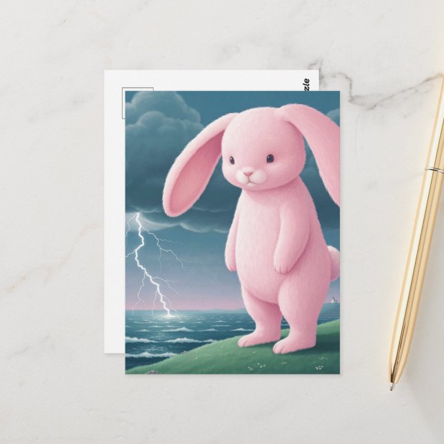 Carte Postale Lapin Rose Géant dans un Orage (Devant/Arrière en situation)