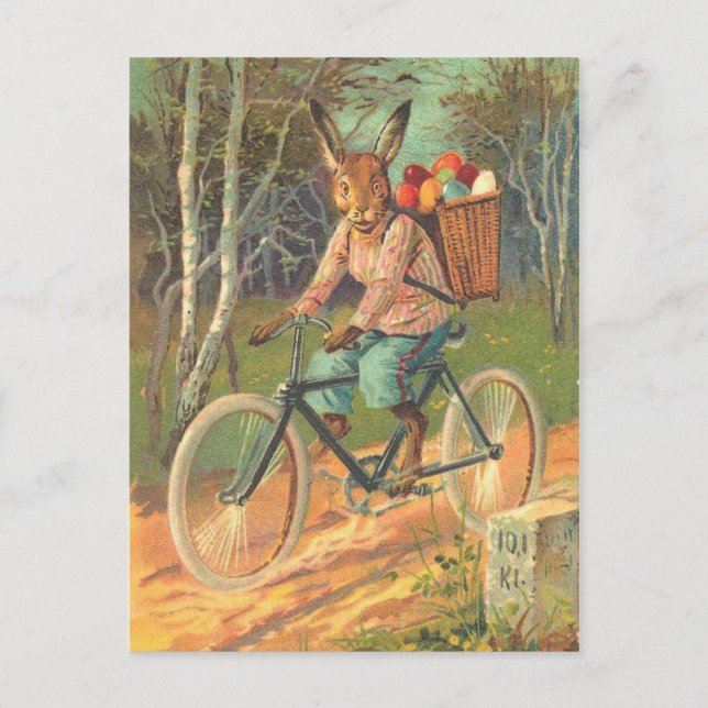 Carte Postale Lapin sur son vélo livrant des oeufs ! (Devant)