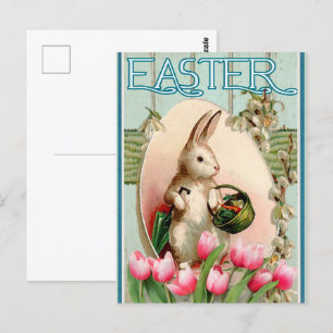 Carte Postale Lapin Vintage Fleur de Tulipe et Œuf de Pâques