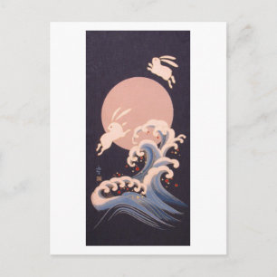 Carte Postale Lapins avec Pleine lune et Vagues