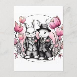 Carte Postale Lapins de Pâques en costume Tulipes roses