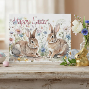 Carte Postale Lapins de Pâques personnalisés et aquarelle floral
