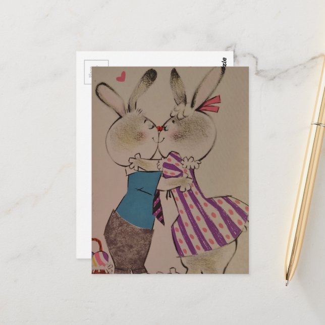 Carte Postale Lapins de Pâques qui s'embrassent rétro (Devant/Arrière en situation)