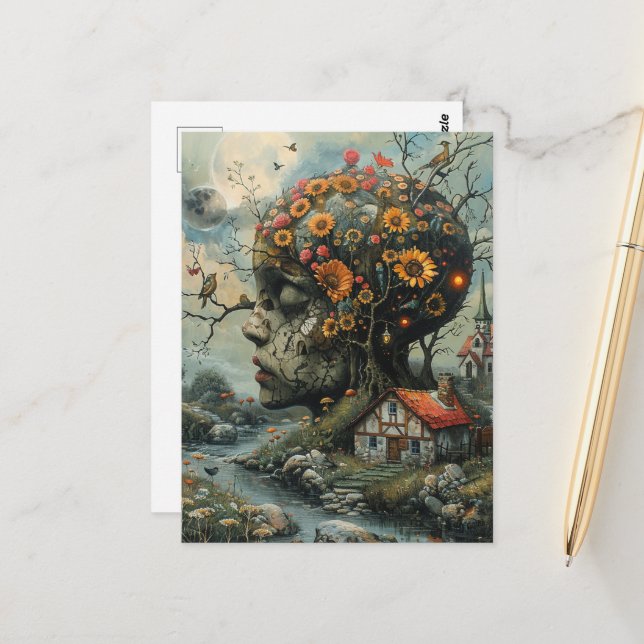 Carte Postale L'arbre humain abritant les oiseaux et les fleurs (Devant/Arrière en situation)