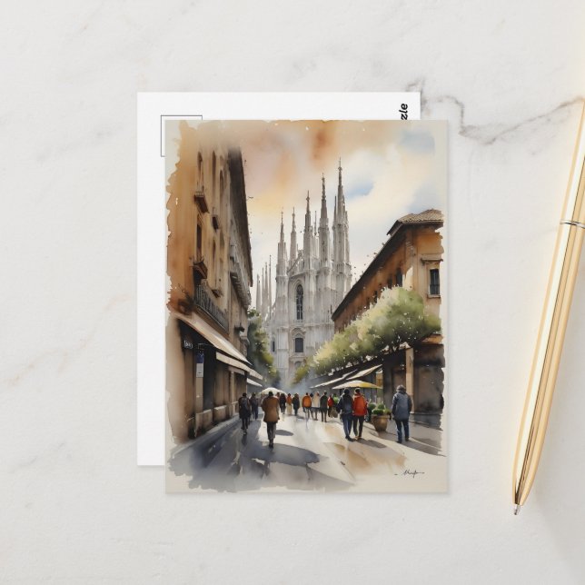 Carte Postale L'art de l'aquarelle à Milan (Devant/Arrière en situation)
