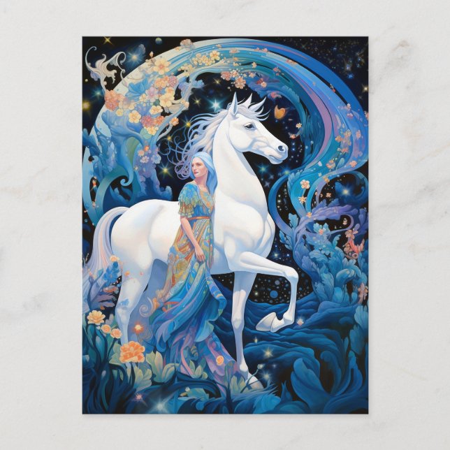 Carte Postale L'art de l'Imaginaire de la dame et du cheval blan (Devant)