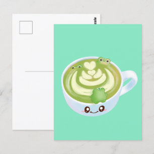 Carte Postale Latte De Thé Vert Matcha Chaud Avec Cute Frogs