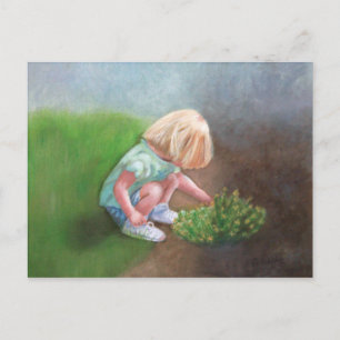 Carte Postale "Laura" peinture à l'huile petite fille cueillir d