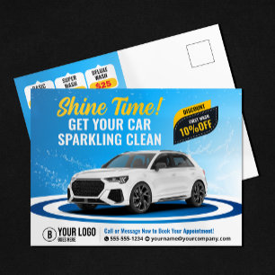 Carte Postale Lavage de voiture bleue - Nettoyage automobile - L