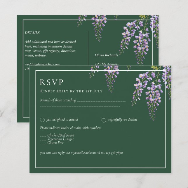 Carte Postale Lavande WISTERIA Emerald Green All-in-1 Mariage (Devant / Derrière)