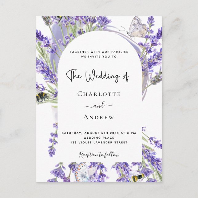 Carte Postale Lavender arche florale blanc script mariage invita (Devant)
