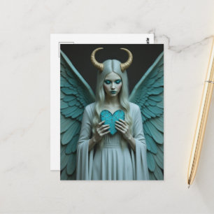 Carte Postale Le Bien et le Mal tenant un cœur turquoise