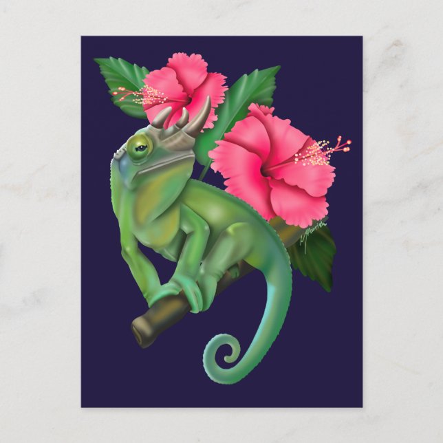 Carte Postale Le caméléon de Jackson avec Hibiscus (Devant)