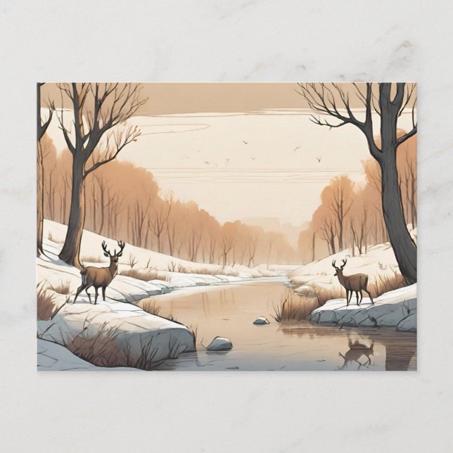 Carte Postale Le cerf au bord de la rivière Faune Paysage hivern (Devant)