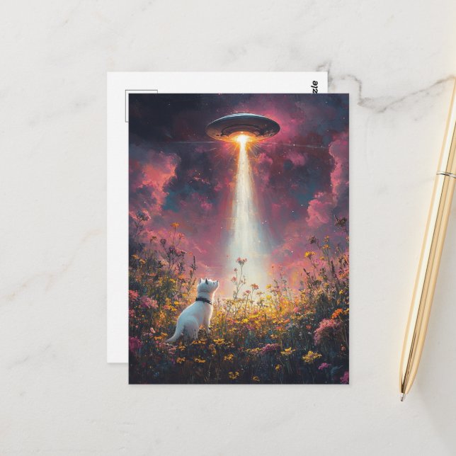 Carte Postale Le chat et un OVNI (Devant/Arrière en situation)