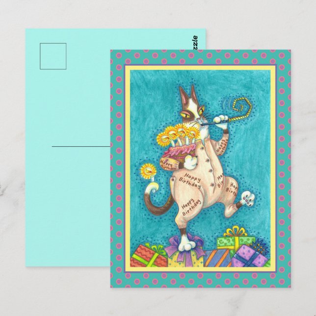 CARTE POSTALE LE CHAT HISS N' FITZ EN TENUE D'ANNIVERSAIRE, GÂTE (Devant / Derrière)
