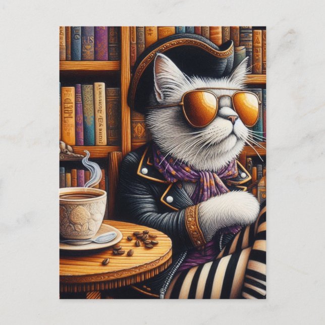 Carte Postale Le chat pirate avec café dans une librairie (Devant)