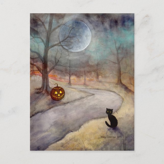 Carte Postale Le chemin oublié Halloween Chat noir et Citrouille (Devant)