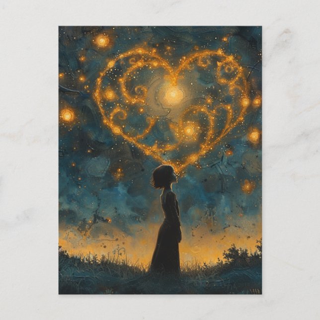 Carte Postale Le coeur dans le ciel et une jeune fille stupéfait (Devant)