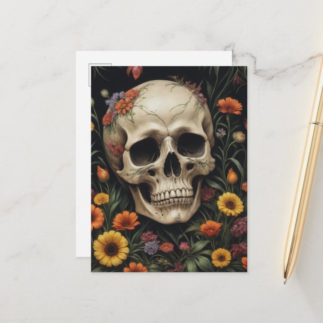 Carte Postale Le crâne humain en fleurs (Devant/Arrière en situation)