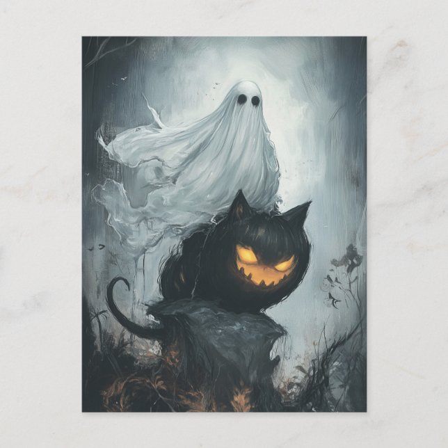 Carte Postale Le fantôme d'Halloween à cheval sur un chat noir (Devant)