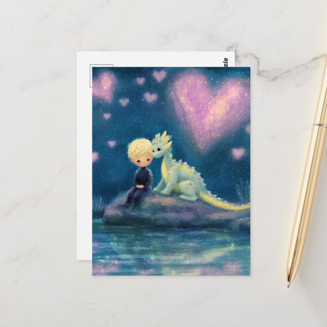 Carte Postale Le garçon et son dragon (Devant/Arrière en situation)