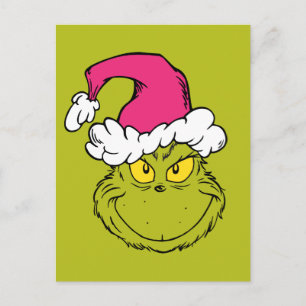 Carte Postale Le Grinch avec un chapeau de Père Noël rose