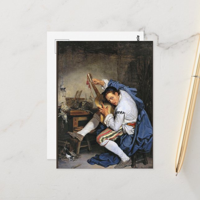 Carte Postale Le Guitariste, beaux-arts de Jean-Baptiste Greuze, (Devant/Arrière en situation)