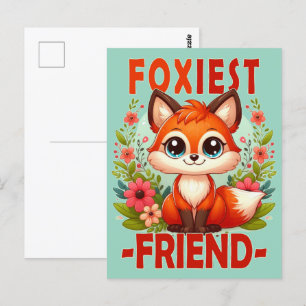 Carte Postale Le jeu de mot Foxiest Friend. Caricature du chiot 
