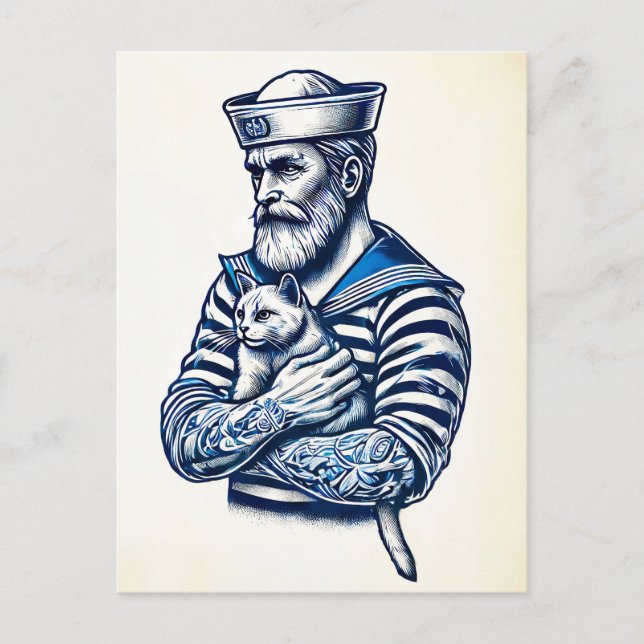 Carte Postale Le marin tient un chat sur son bras (Devant)