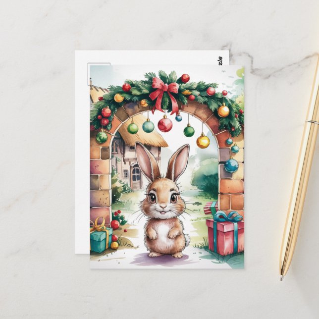 Carte Postale Le mignon lapin de Noël Brown sous une arche (Devant/Arrière en situation)
