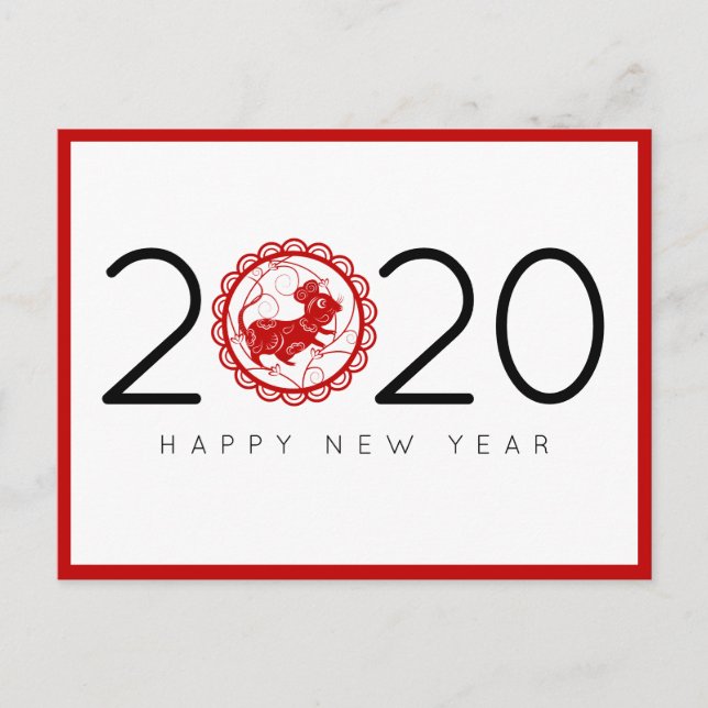 Carte Postale Le Nouvel An chinois rouge moderne du Rat 2020 (Devant)
