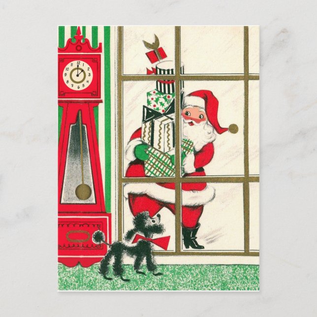 Carte Postale Le Père Noël avec des cadeaux regarde la fenêtre (Devant)