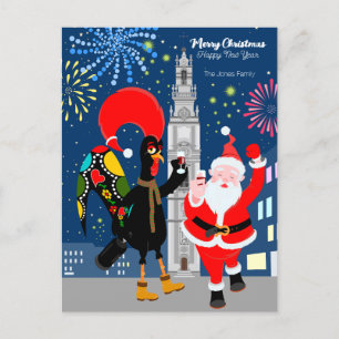Carte Postale Le Père Noël et le coq toast au Nouvel An
