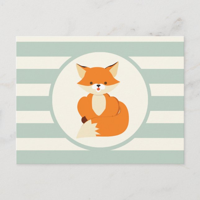 Carte Postale Le renard boisé mignon sur Sage Green Stripes (Devant)