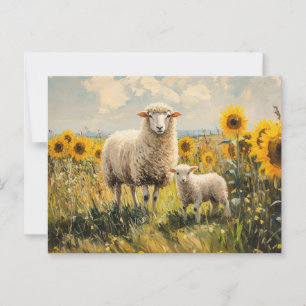 Carte Postale Le terrain de tournesol mouton et agneau