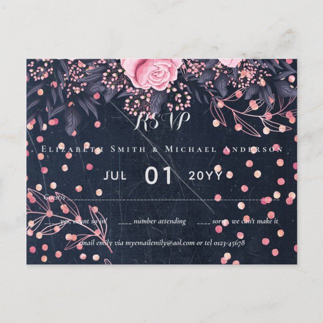 Carte Postale LeahG Denim Blue Rosegold rose Mariage floral (Devant)