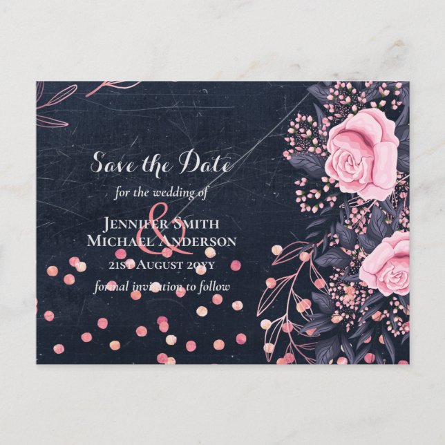 Carte Postale LeahG Denim Blue Rosegold rose Mariage floral (Devant)