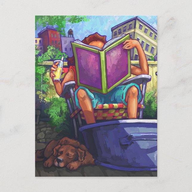 Carte Postale Lecture d'été, fille et chien (Devant)