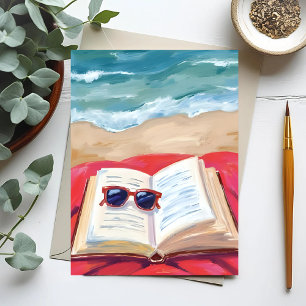 Carte Postale Lecture sur la plage   Peinture aquarelle des vagu