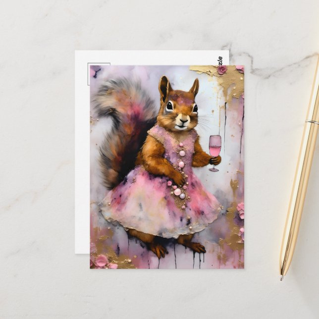 Carte Postale L'écureuil adorable en robe rose avec un verre (Devant/Arrière en situation)