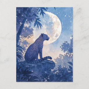 Carte Postale Léopard assis sur un rocher sous une pleine lune é
