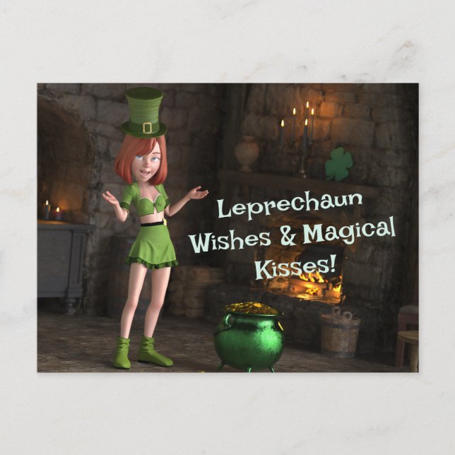 Carte Postale Leprechaun Toon Girl à côté du pot d'or (Devant)