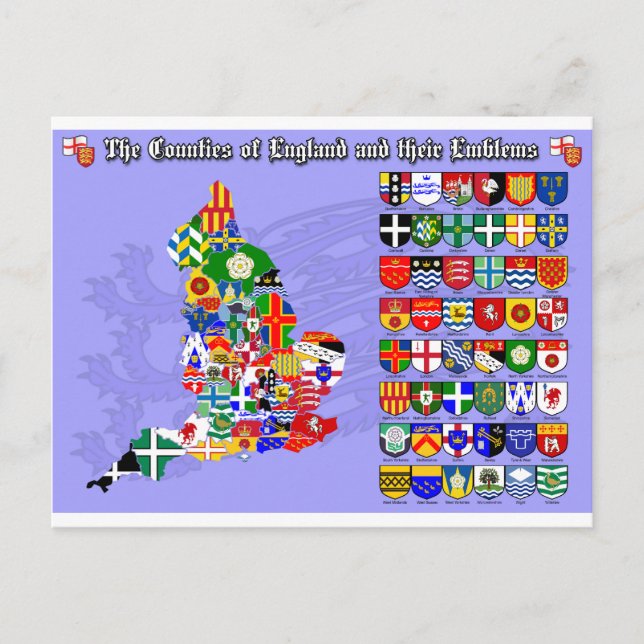 Carte Postale Les comtés d'Angleterre, leurs drapeaux et emblème (Devant)