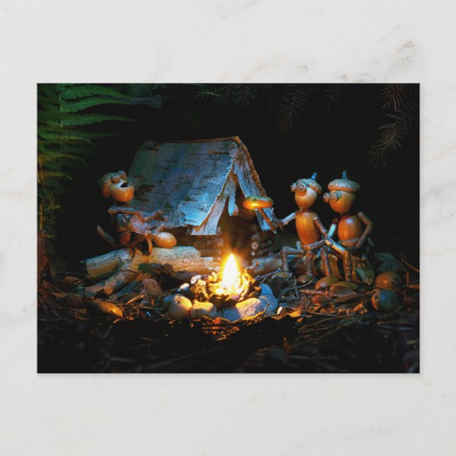 Carte Postale Les elfes d'Acorn autour du feu de camp du camping (Devant)