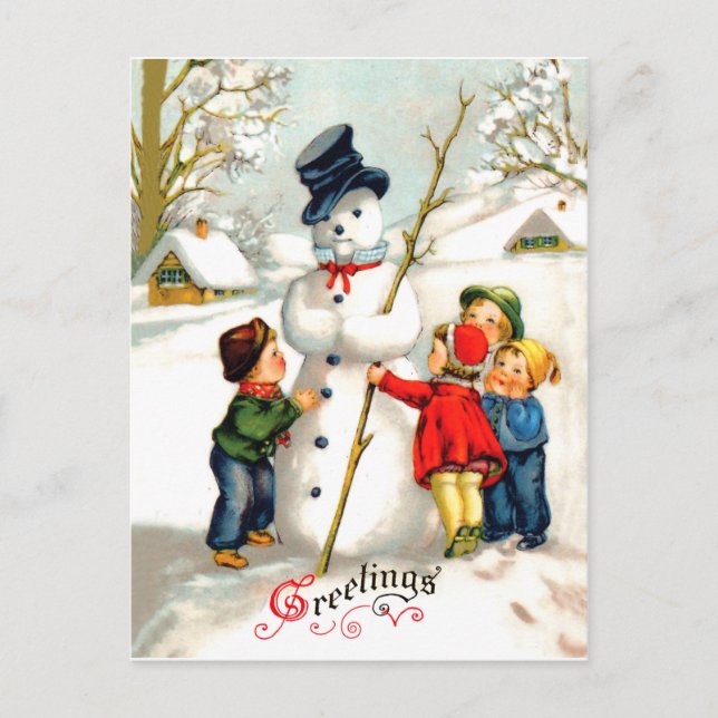 Carte Postale Les enfants font un grand bonhomme de neige, vacan (Devant)