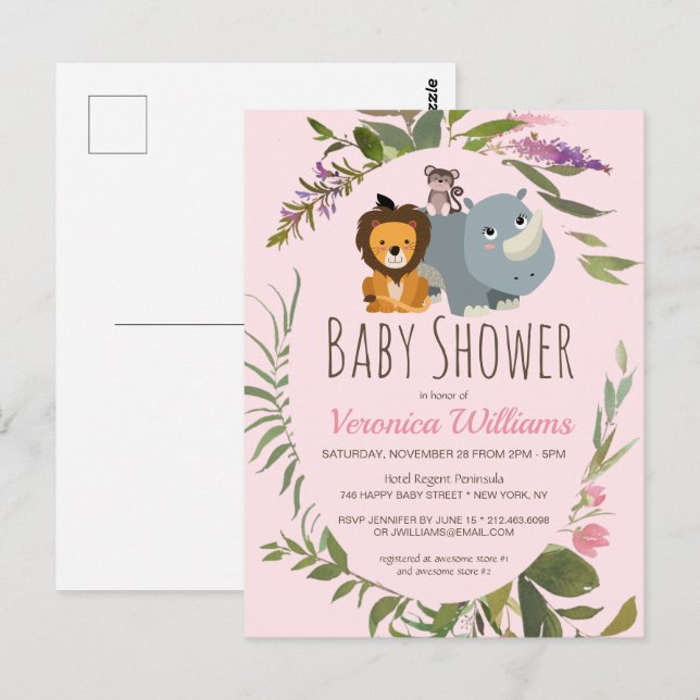 Carte Postale Les filles Jungle Safari Baby shower rose Invitati (Devant / Derrière)