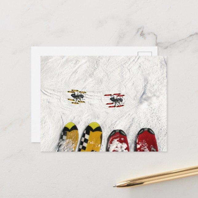 Carte Postale Les fourmis à ski (Devant/Arrière en situation)