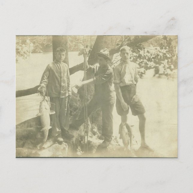 Carte Postale Les garçons Pêchent la rivière verte (Devant)