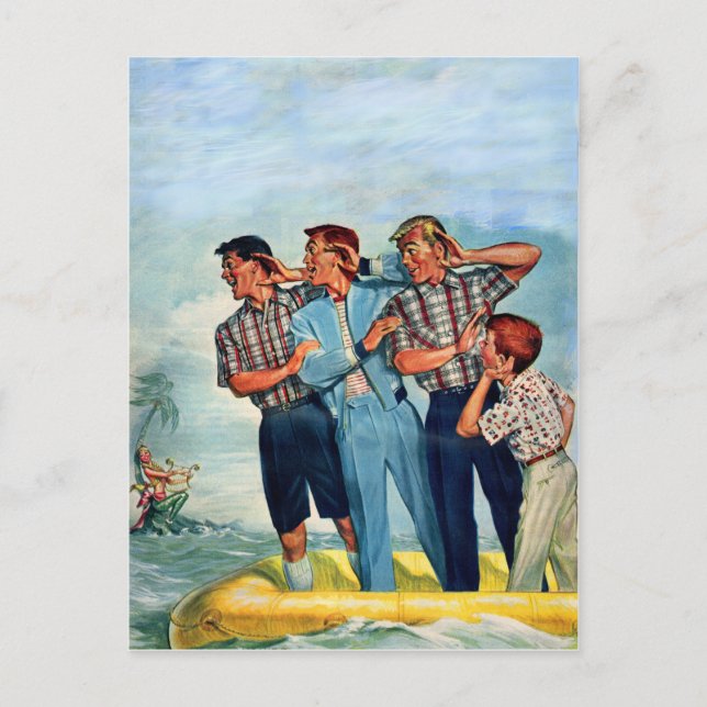 Carte Postale les hommes des années 50 écoutant le chant de la s (Devant)
